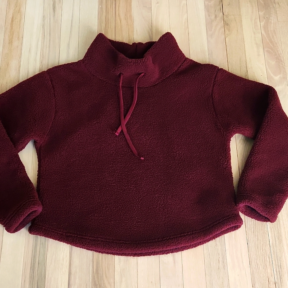 EUC Serra Ladies Sherpa Fleece Pullover Size M Cowl Neck Drawstring Hip Length